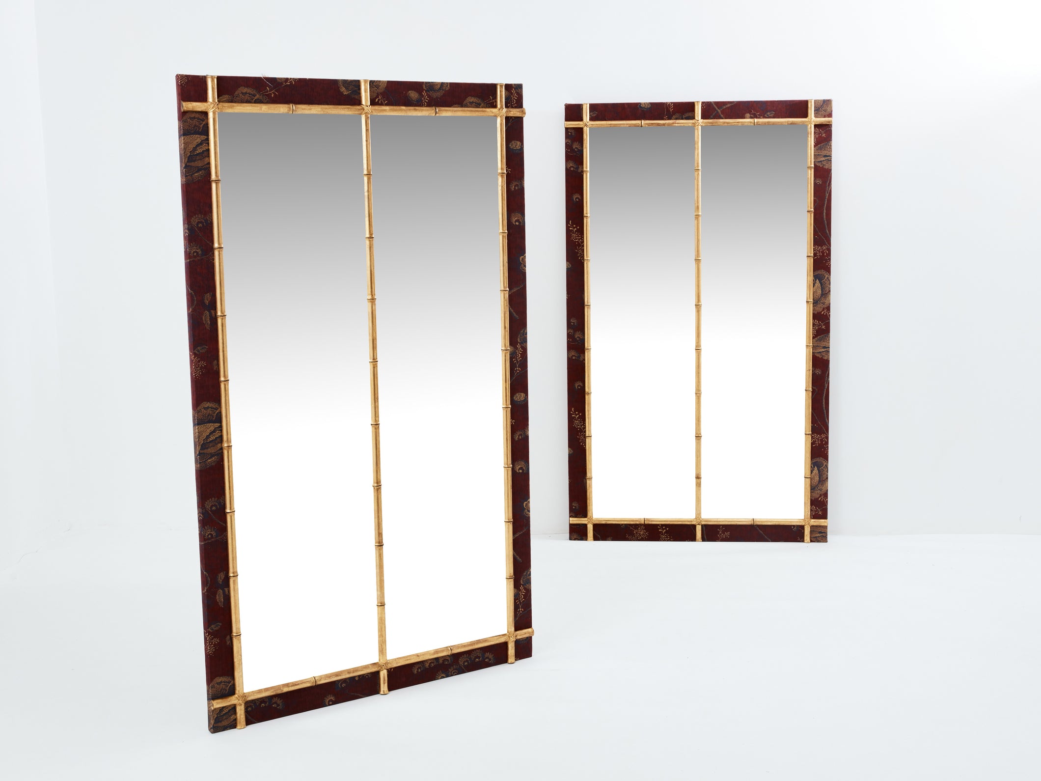 Large pair of French 19th Century gilt faux bamboo upholstery mirrors