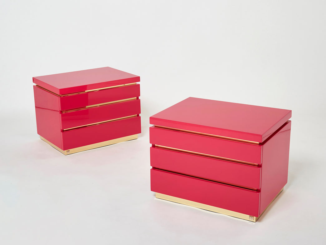 Pair of J.C. Mahey pink lacquered brass nightstands 1970s