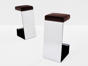 Set de 6 tabourets de bar fer forgé acier poli velours 1970