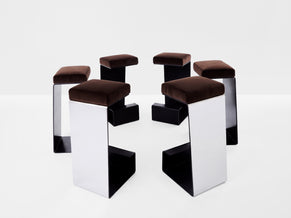 Set de 6 tabourets de bar fer forgé acier poli velours 1970