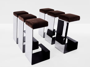 Set de 6 tabourets de bar fer forgé acier poli velours 1970