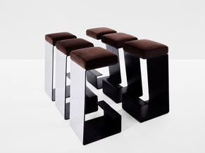 Set de 6 tabourets de bar fer forgé acier poli velours 1970
