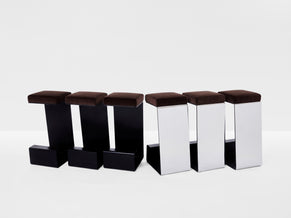 Set de 6 tabourets de bar fer forgé acier poli velours 1970