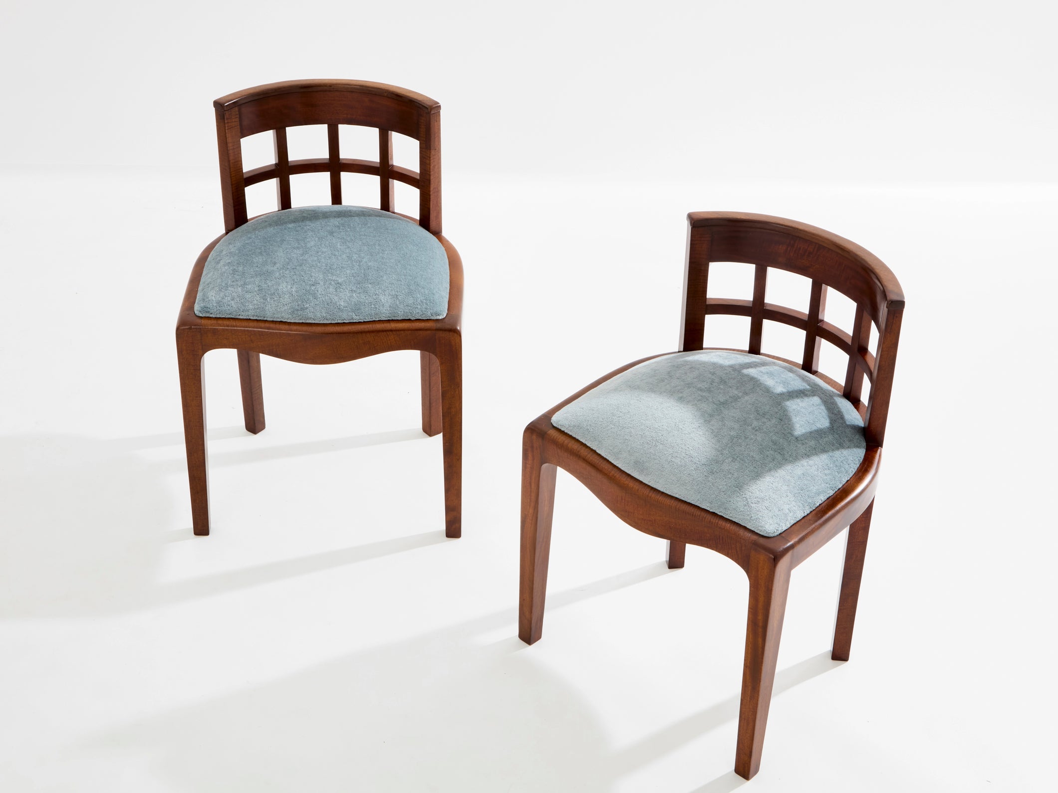 Paul T. Frankl pair of side chairs curly walnut mohair velvet 1933