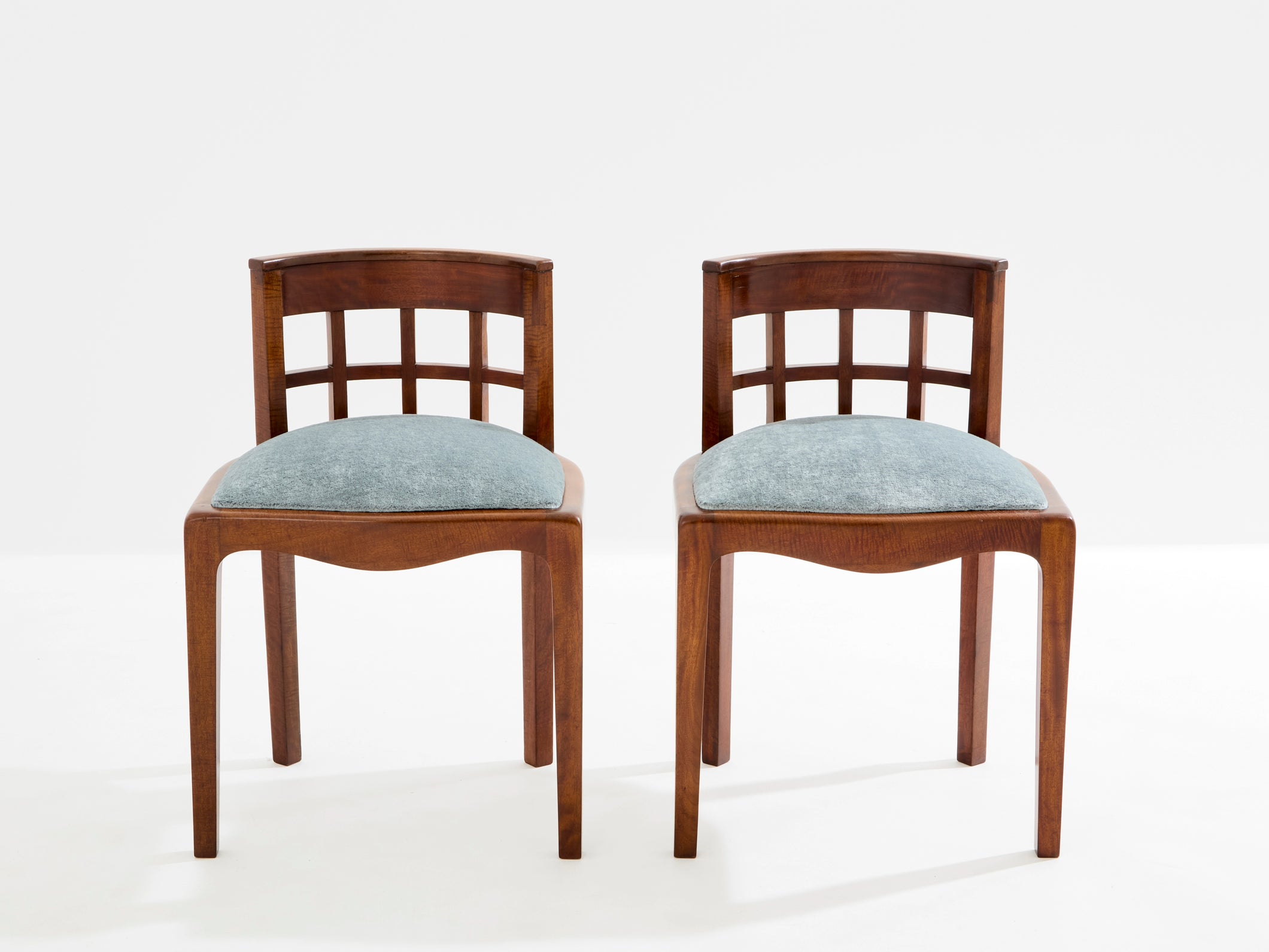 Paul T. Frankl pair of side chairs curly walnut mohair velvet 1933