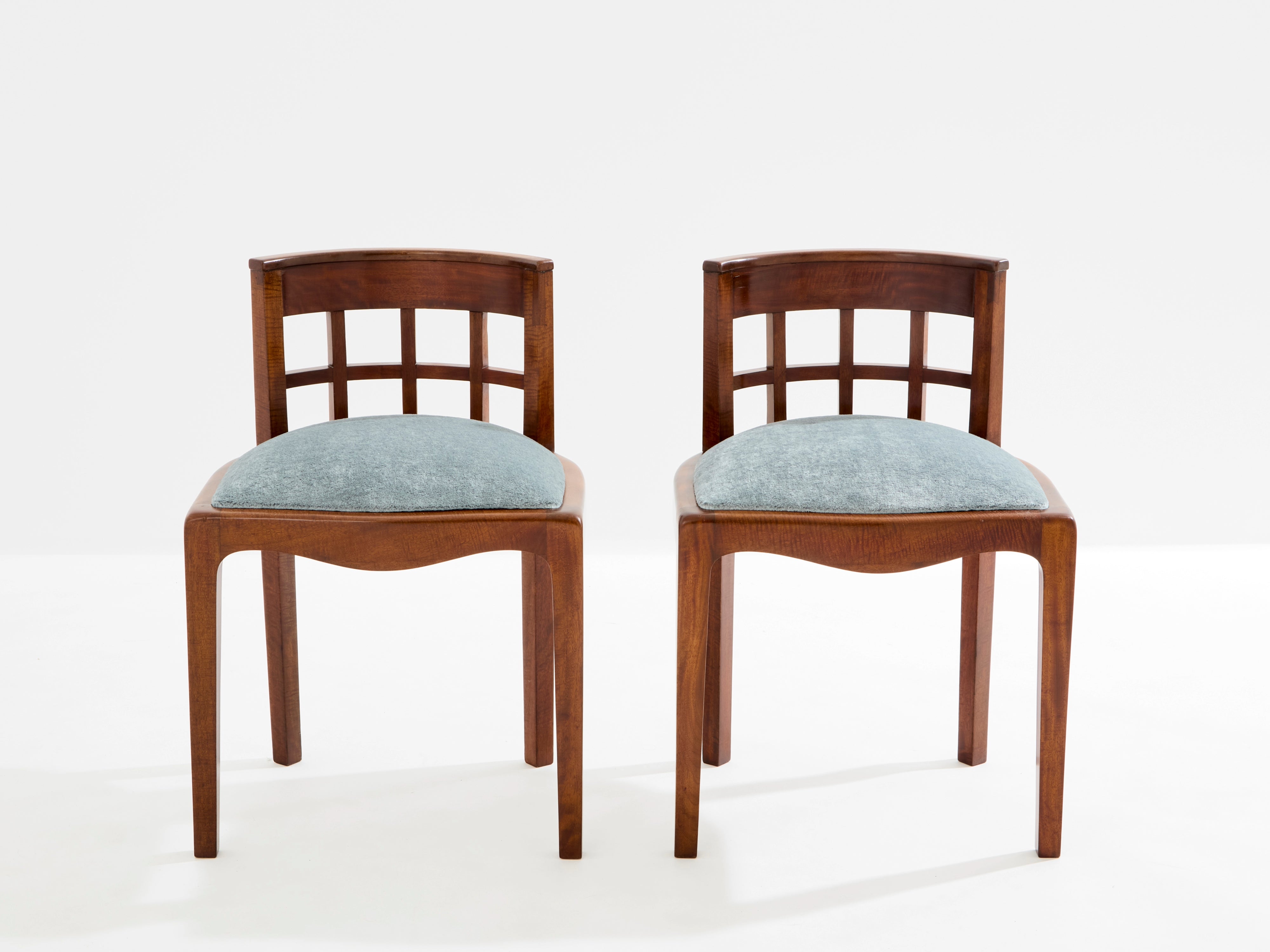 Paul T. Frankl pair of side chairs curly walnut mohair velvet 1933