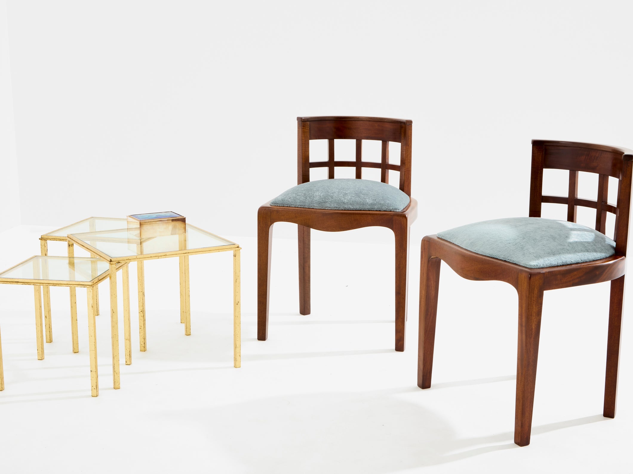 Paul T. Frankl pair of side chairs curly walnut mohair velvet 1933