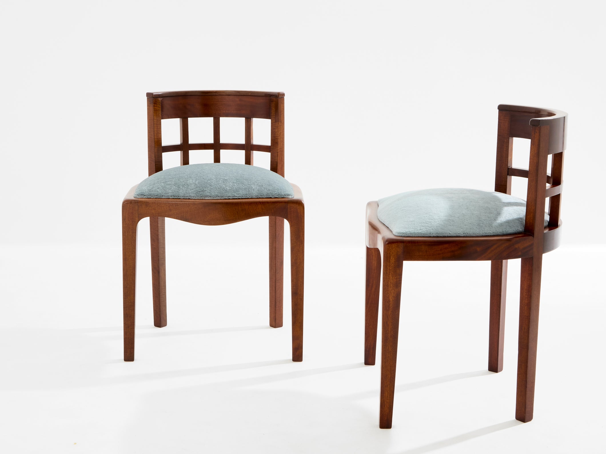 Paul T. Frankl pair of side chairs curly walnut mohair velvet 1933