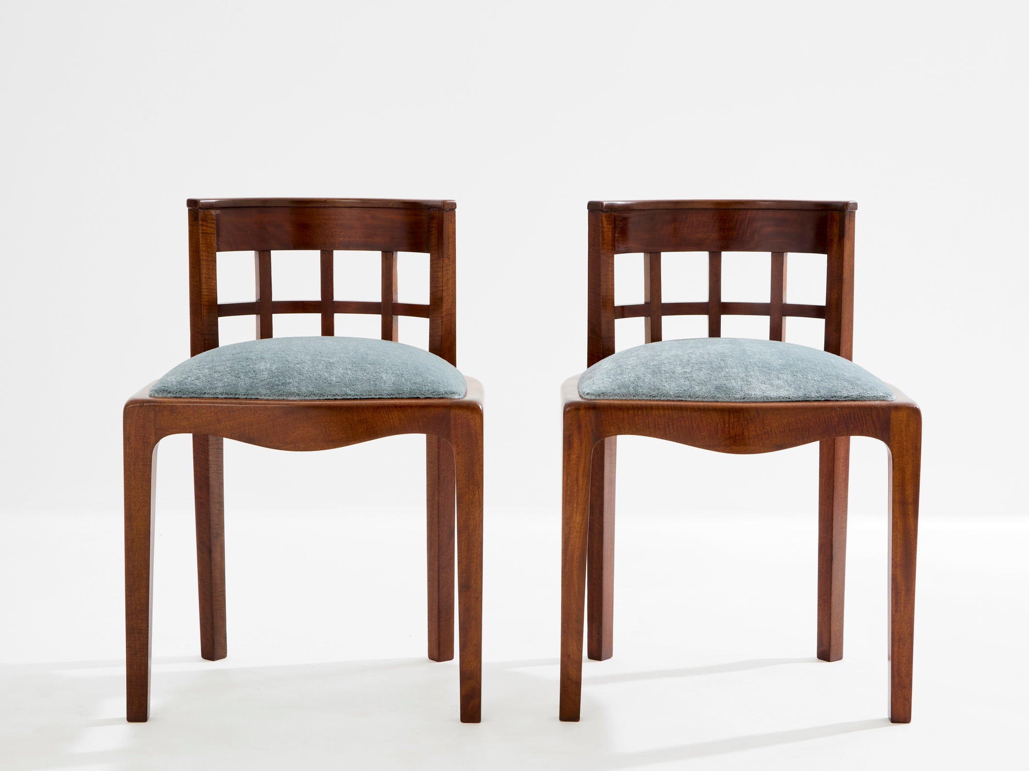 Paul T. Frankl pair of side chairs curly walnut mohair velvet 1933