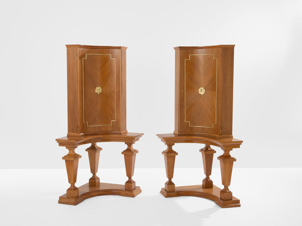 André Arbus attr. pair of corner cabinets oak veneer and bronze 1940s