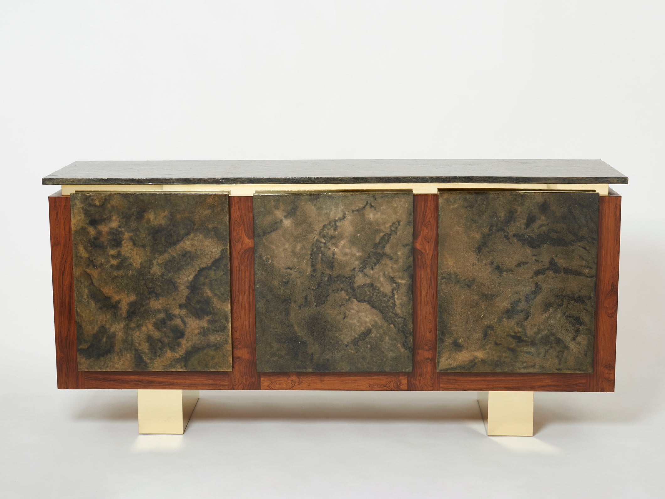 Belgian brutalist rosewood resin and brass sideboard 1970