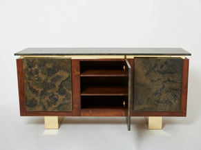 Belgian brutalist rosewood resin and brass sideboard 1970
