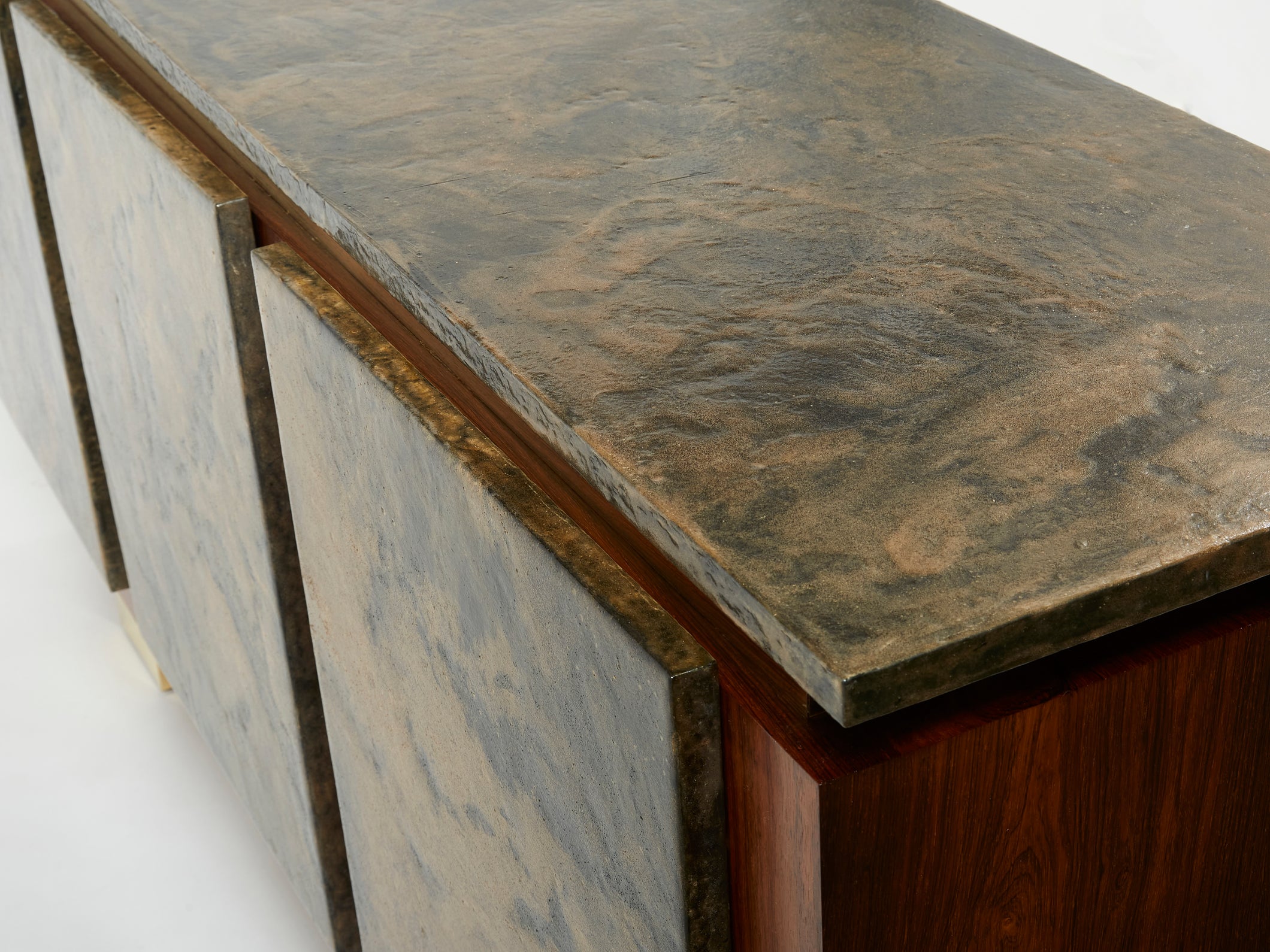 Belgian brutalist rosewood resin and brass sideboard 1970