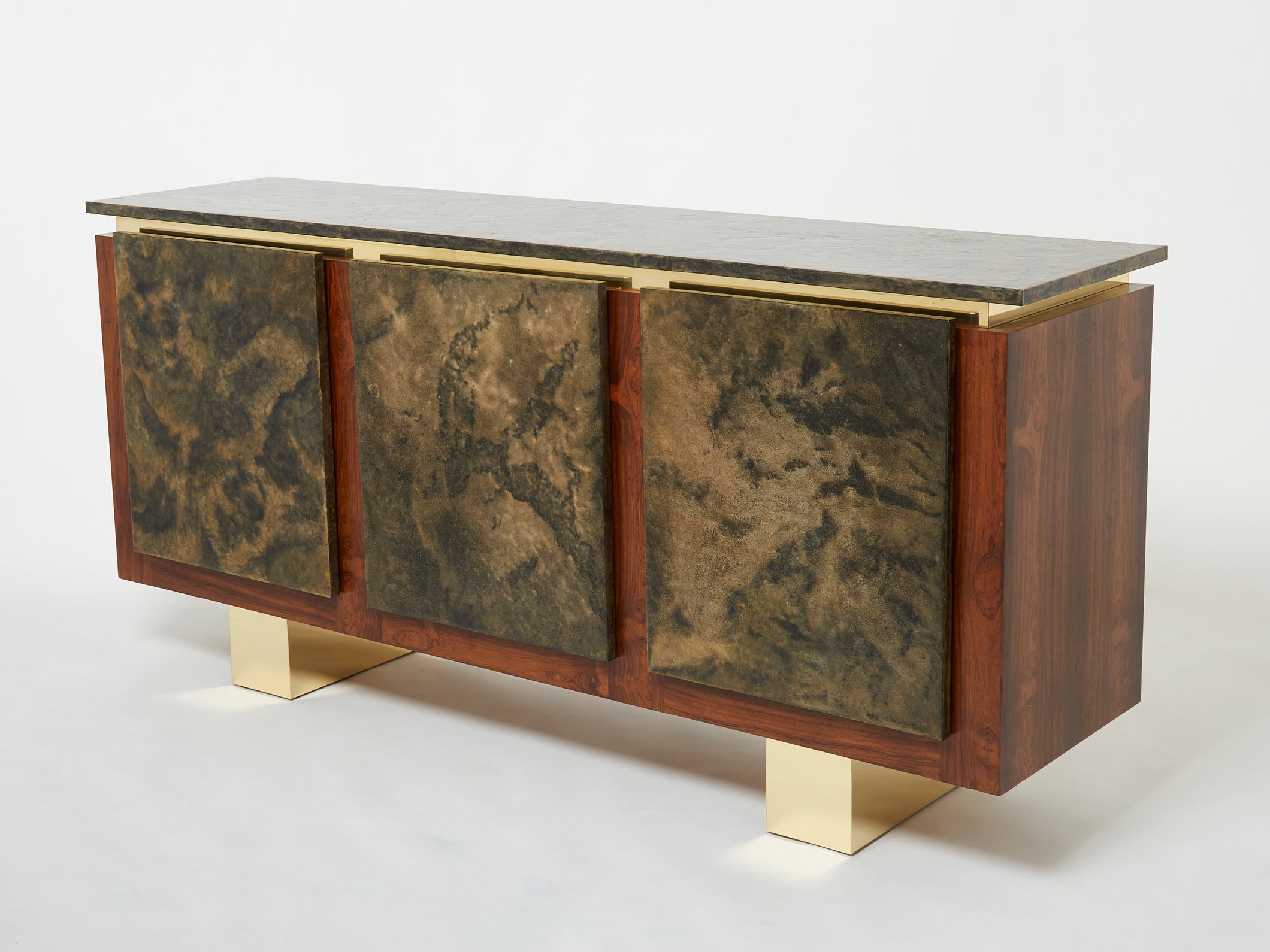 Belgian brutalist rosewood resin and brass sideboard 1970