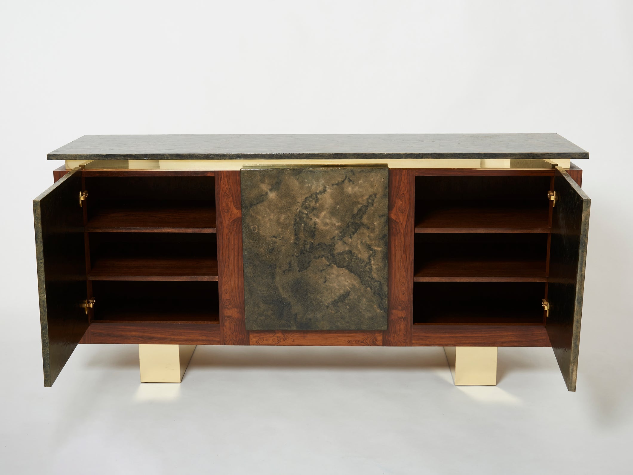 Belgian brutalist rosewood resin and brass sideboard 1970