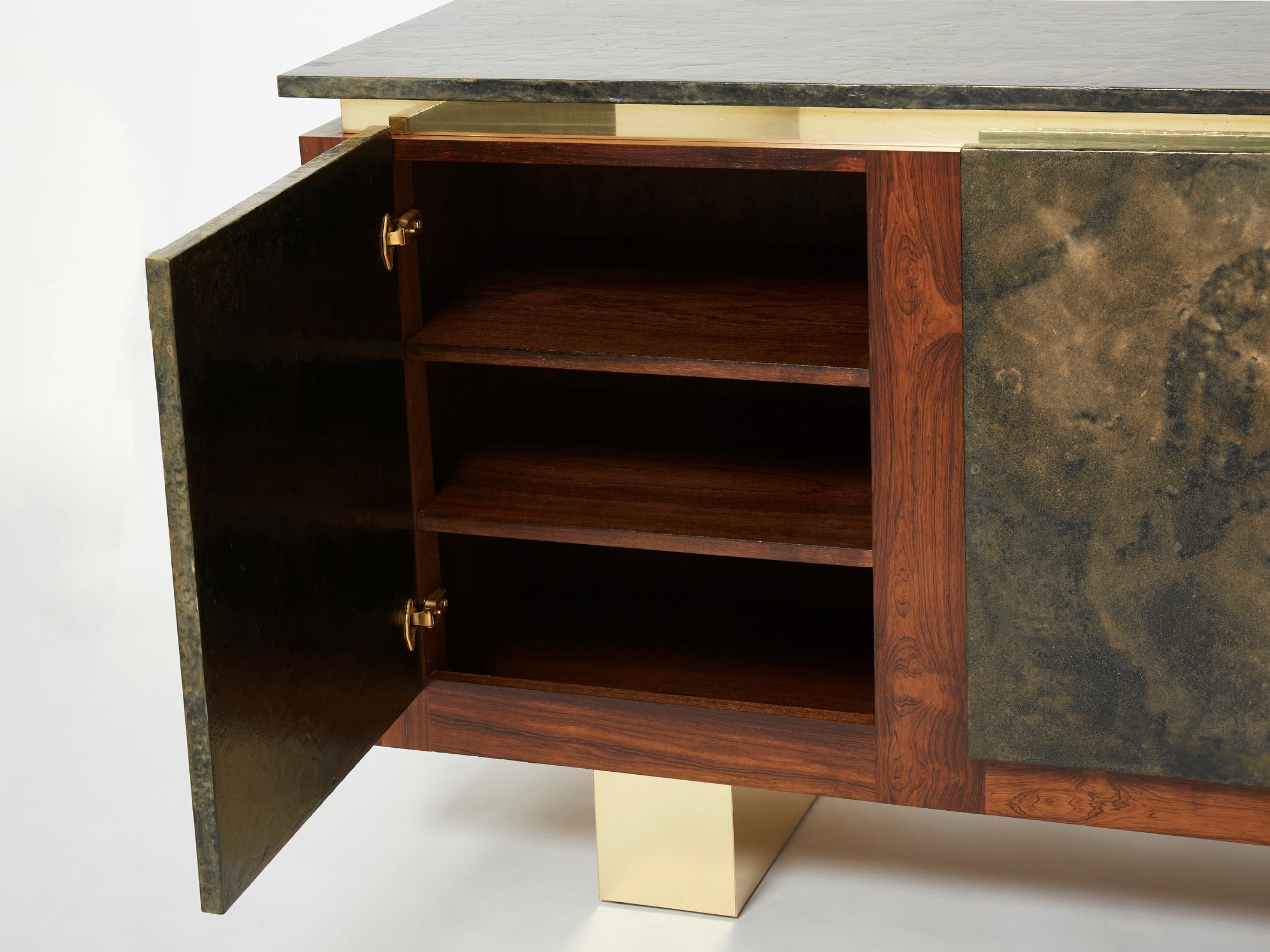 Belgian brutalist rosewood resin and brass sideboard 1970