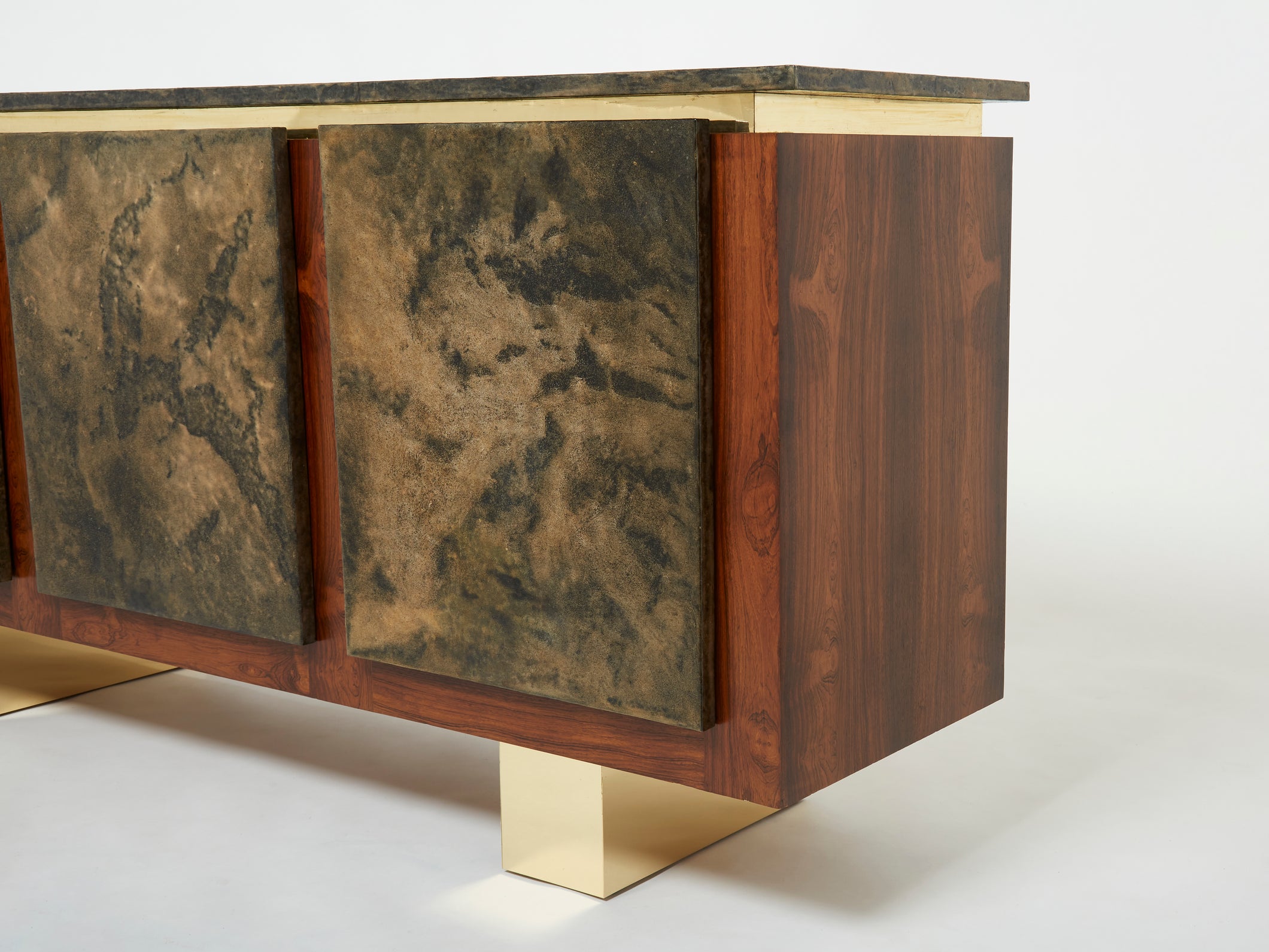Belgian brutalist rosewood resin and brass sideboard 1970