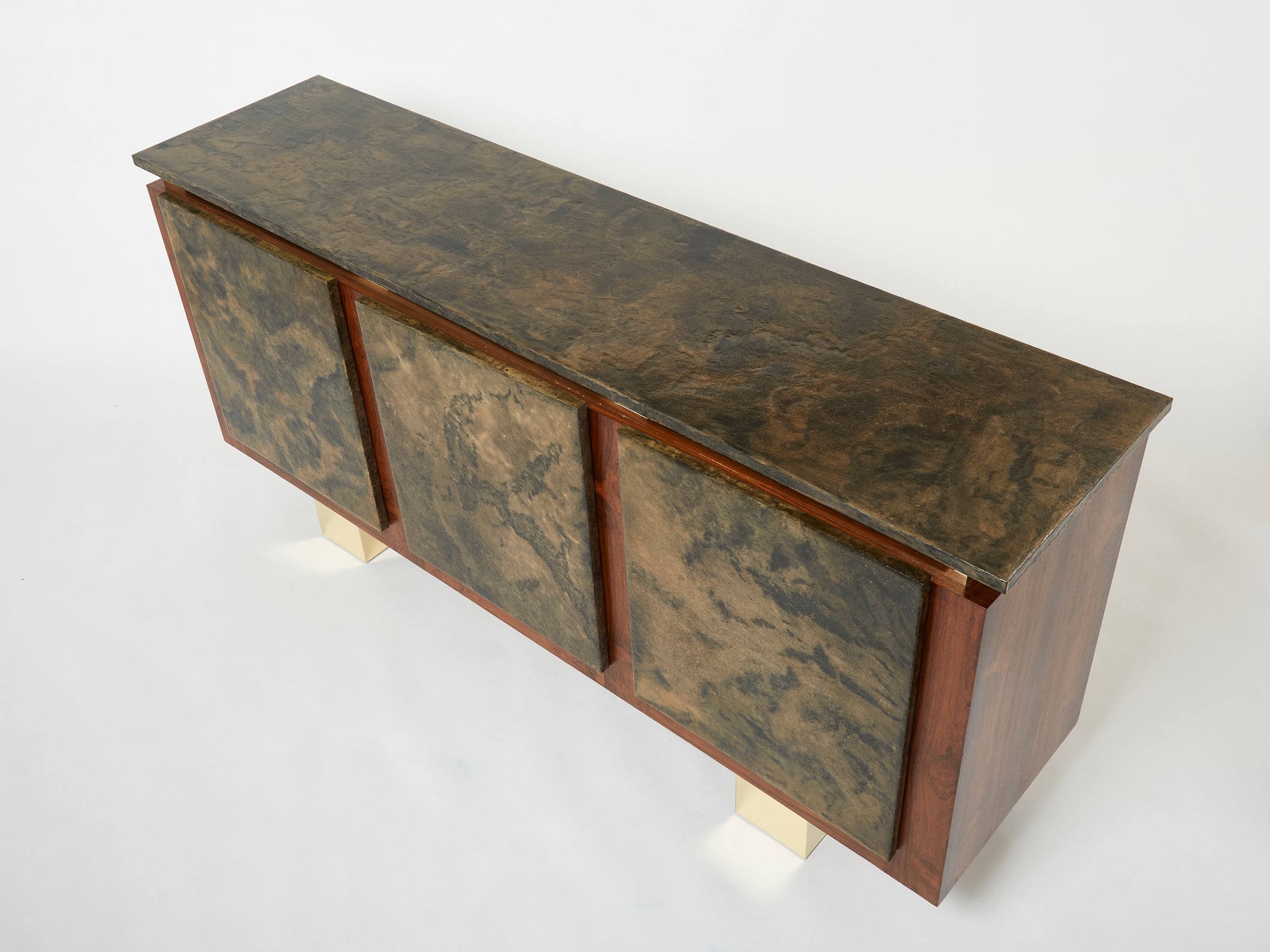 Belgian brutalist rosewood resin and brass sideboard 1970