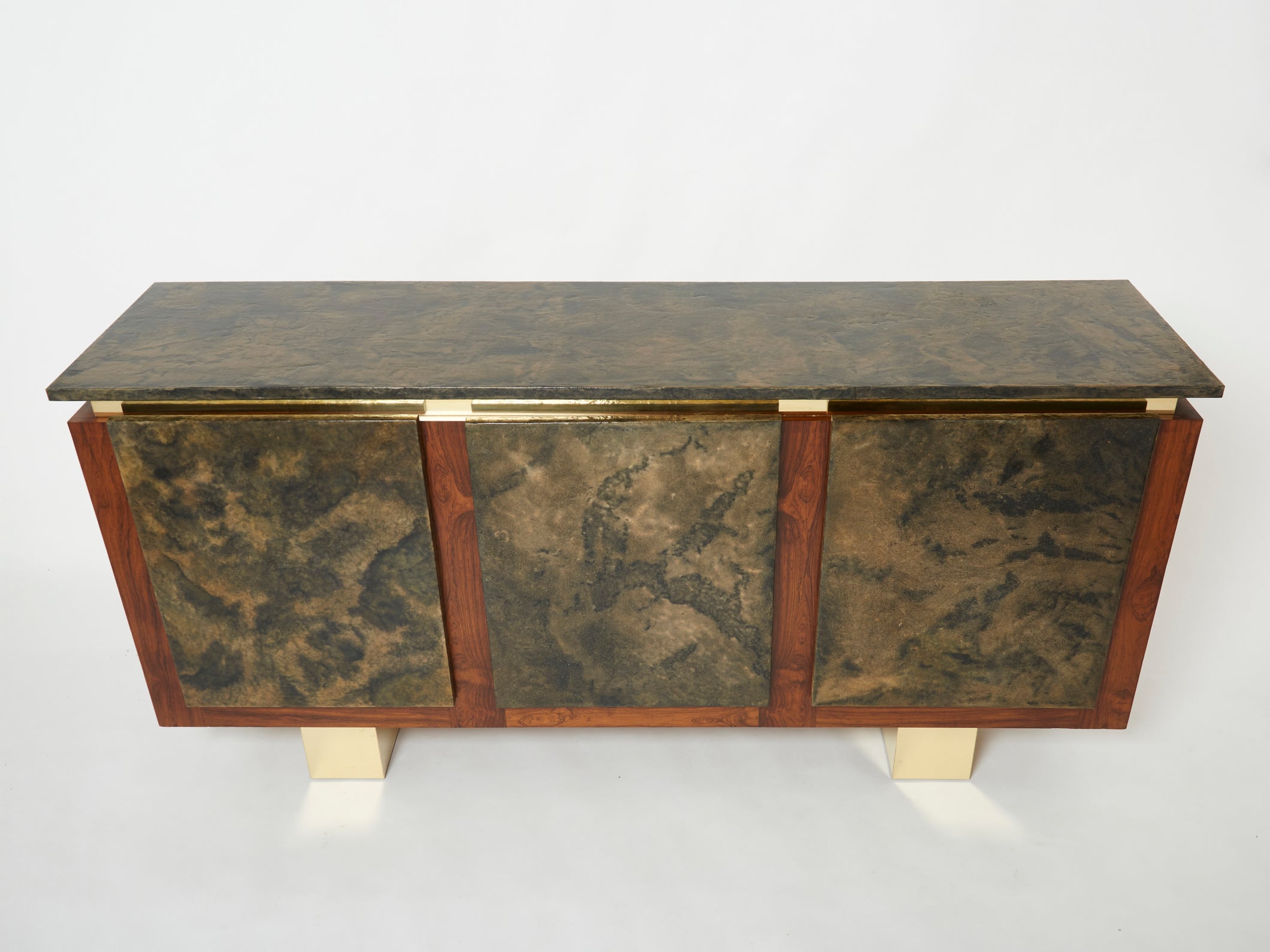 Belgian brutalist rosewood resin and brass sideboard 1970