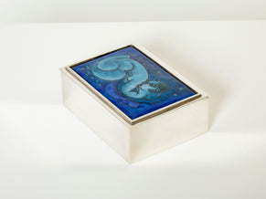 Crevillen Paris silvered and enameled blue ceramic Jewellery Box 1970