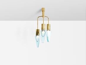 Flavio Poli for Seguso thick Murano glass and brass chandelier 1950s