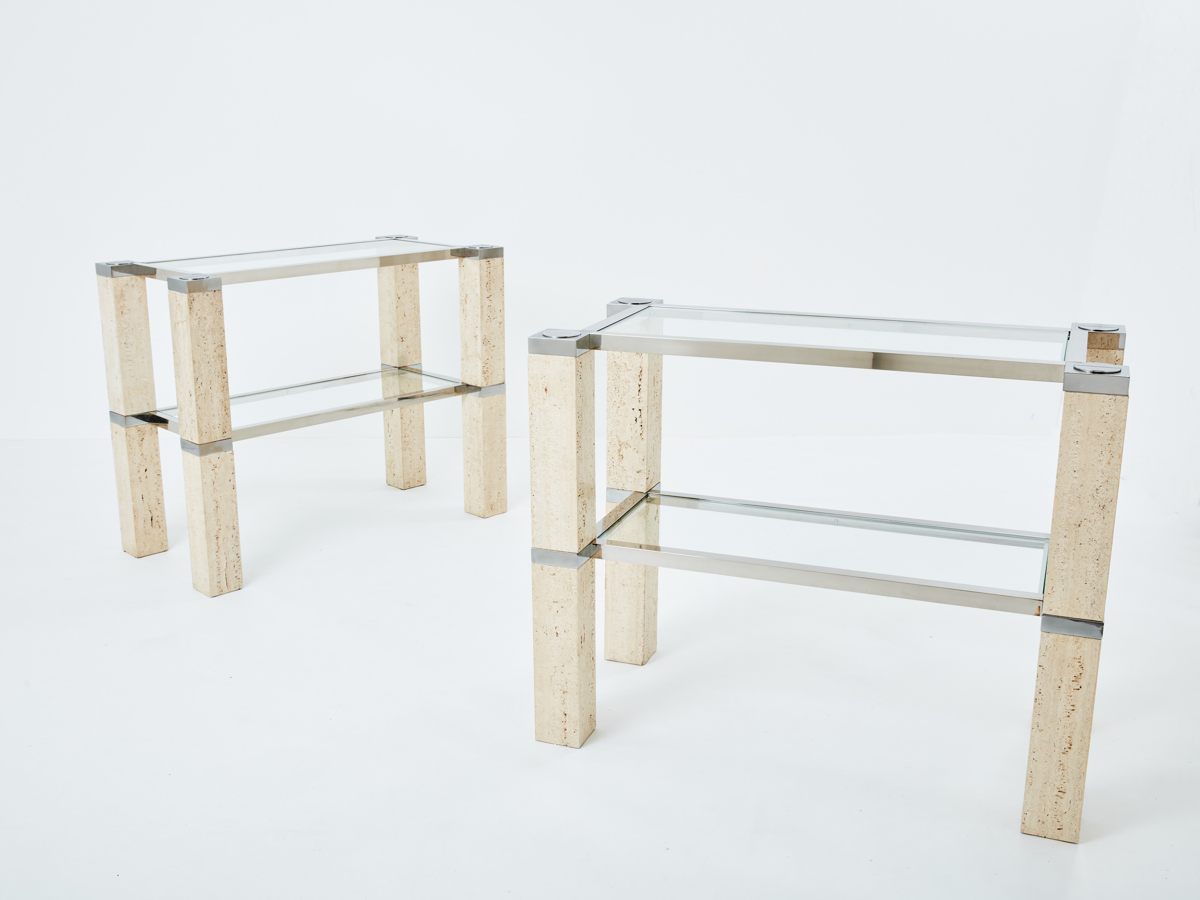 Pair of François Catroux chrome and travertine console tables 1973
