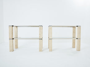 Pair of François Catroux chrome and travertine console tables 1973