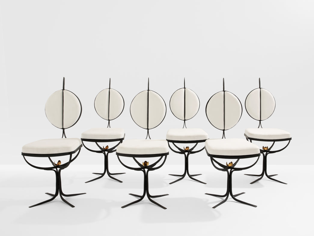 French brutalist wrought iron alcantara set of 6 chairs 1990