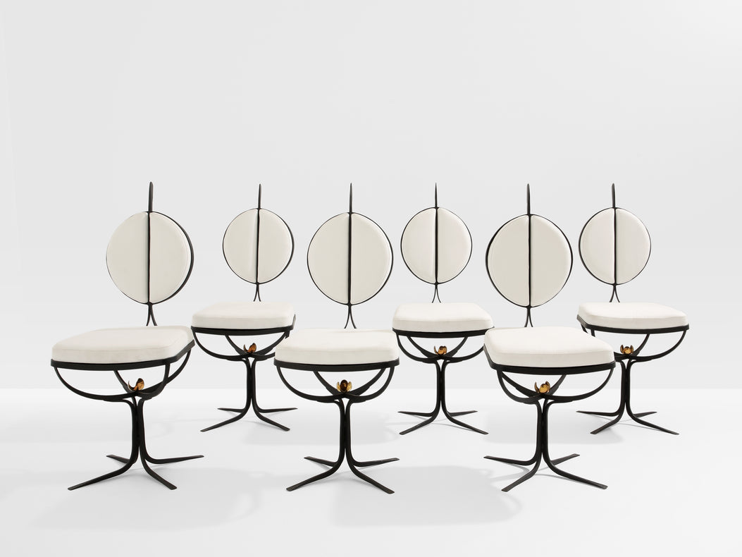 French brutalist wrought iron alcantara set of 6 chairs 1990