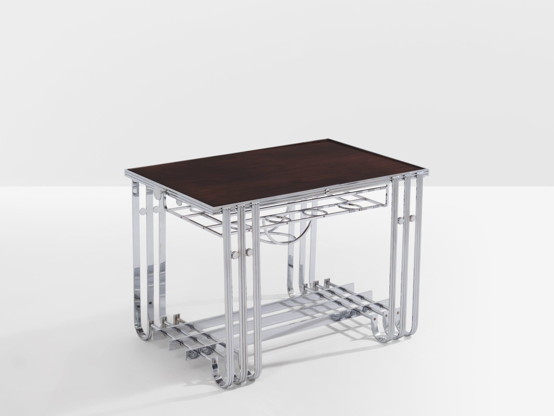 French modernist walnut boat bar table nickel-plated 1930s