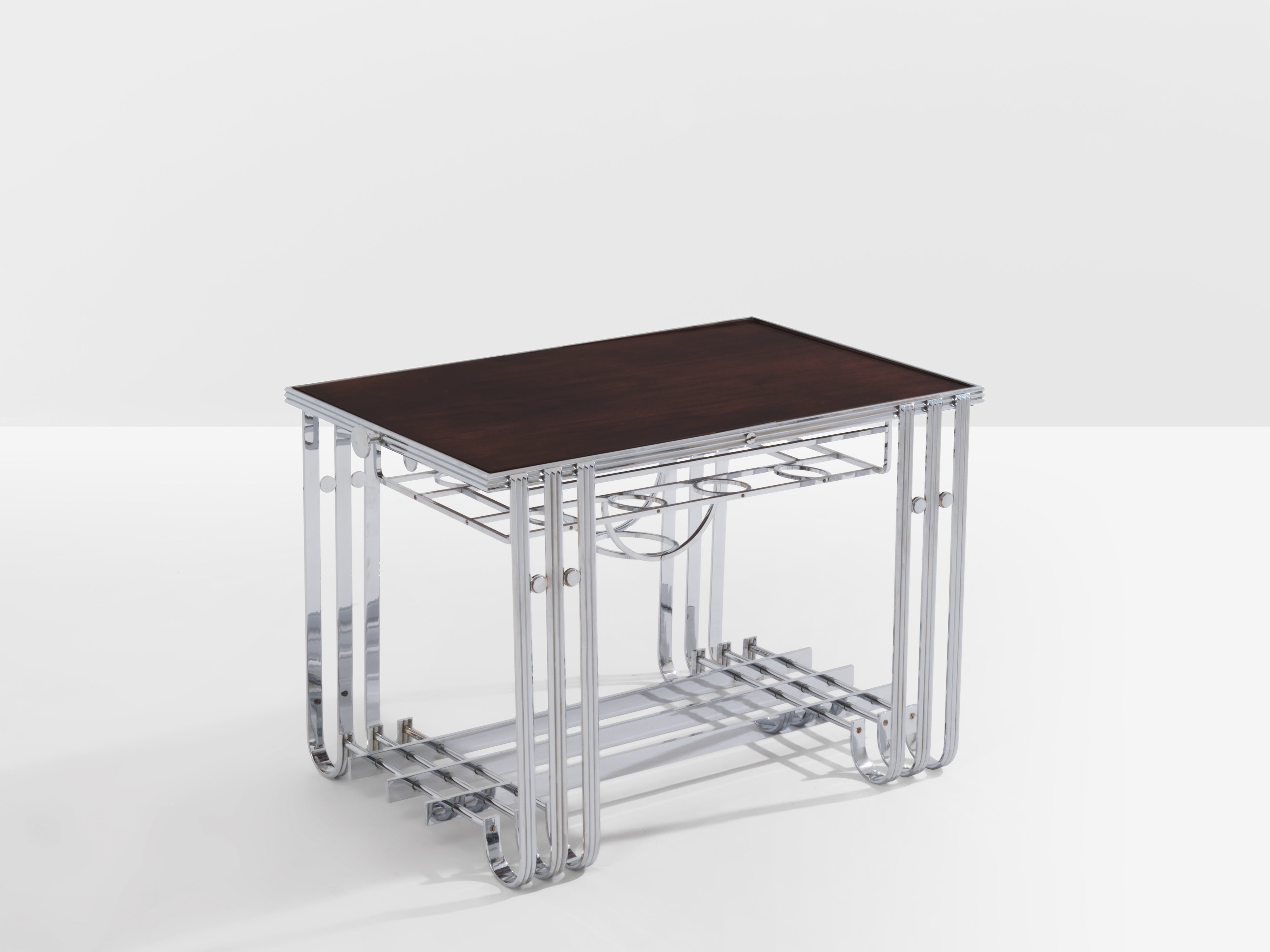 French modernist walnut boat bar table nickel-plated 1930s