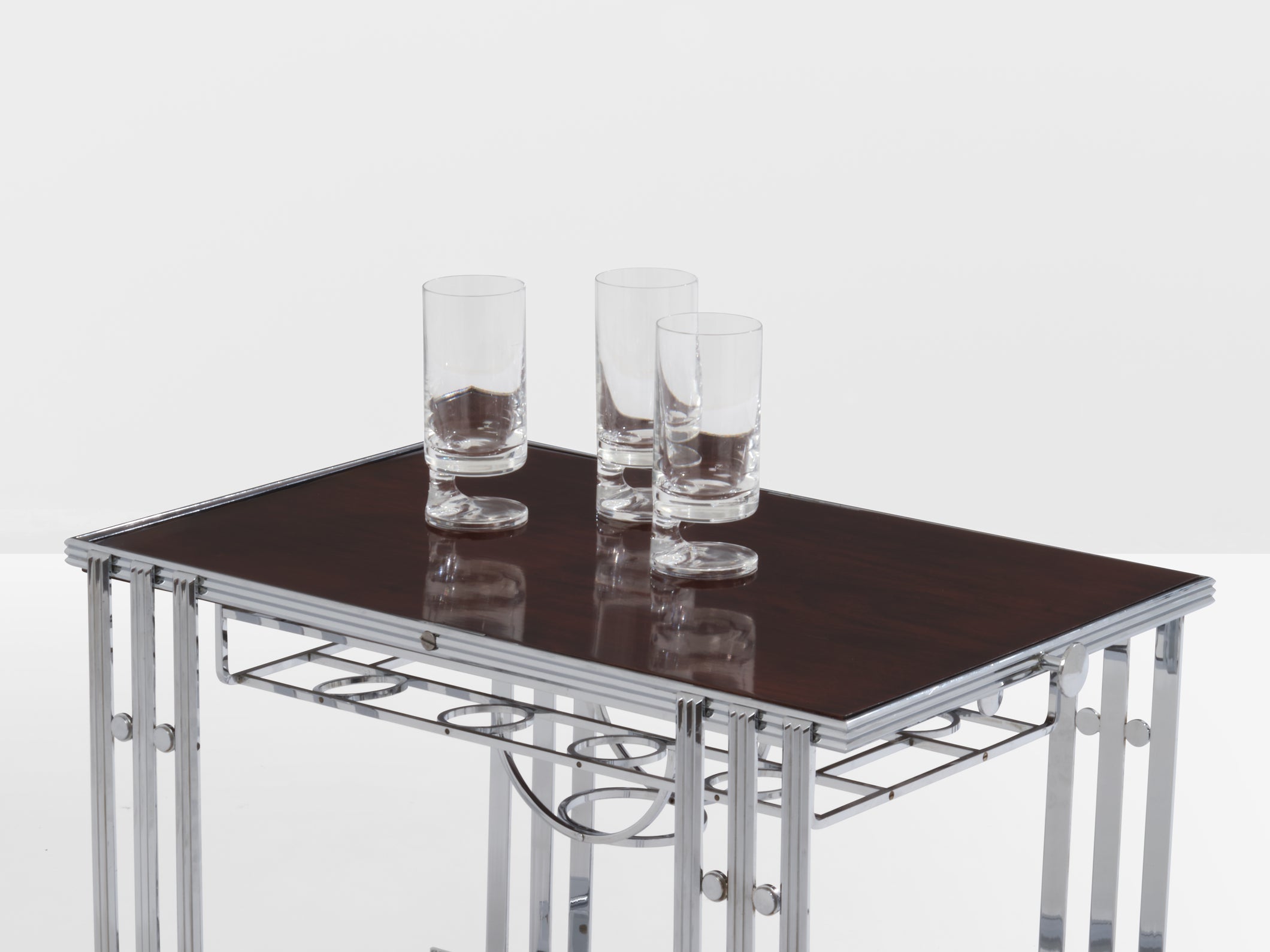 French modernist walnut boat bar table nickel-plated 1930s