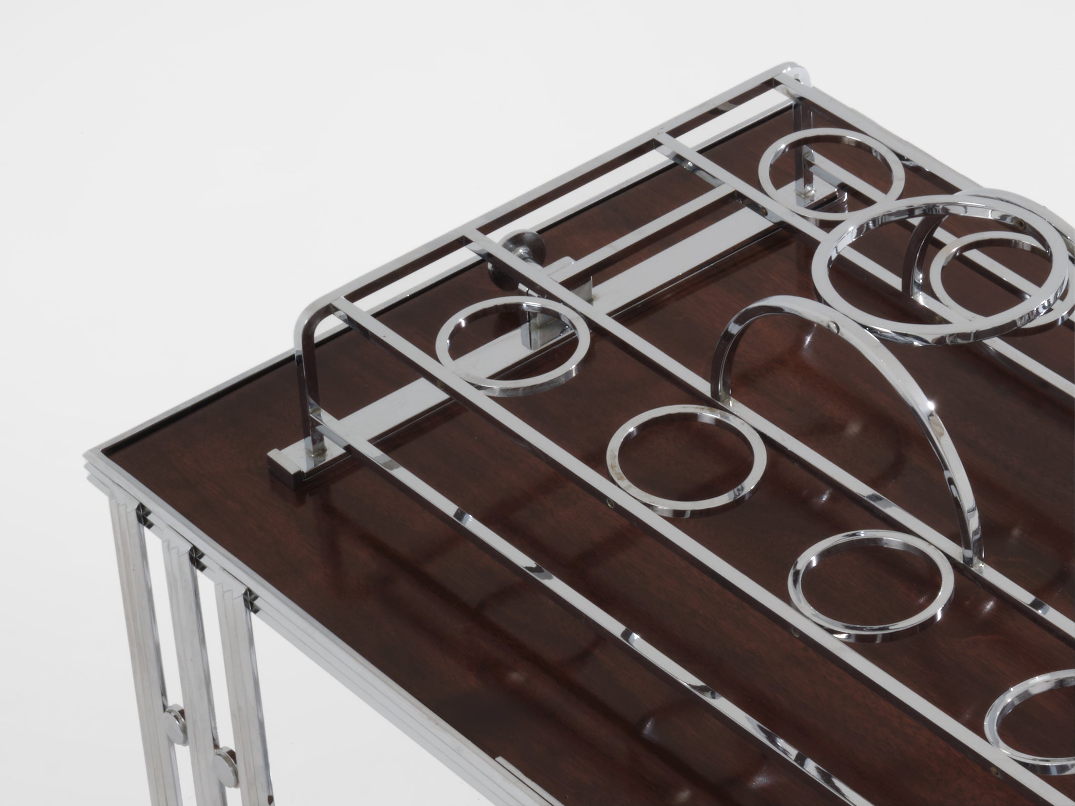 French modernist walnut boat bar table nickel-plated 1930s