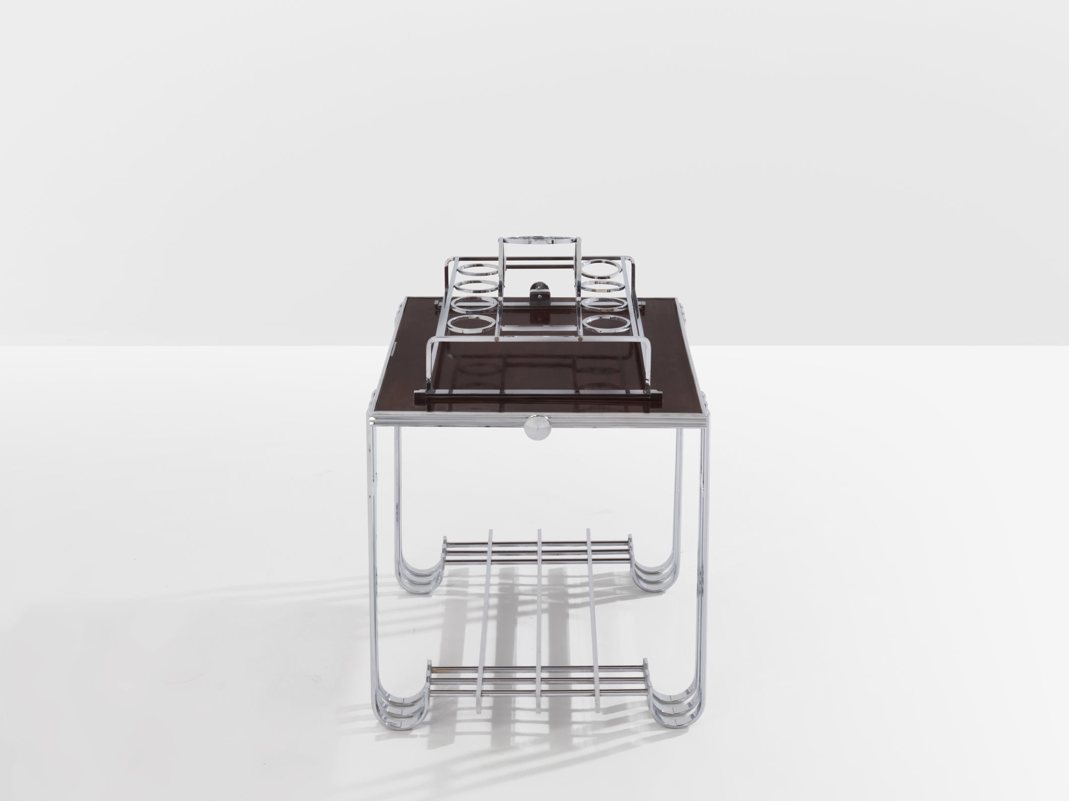 French modernist walnut boat bar table nickel-plated 1930s