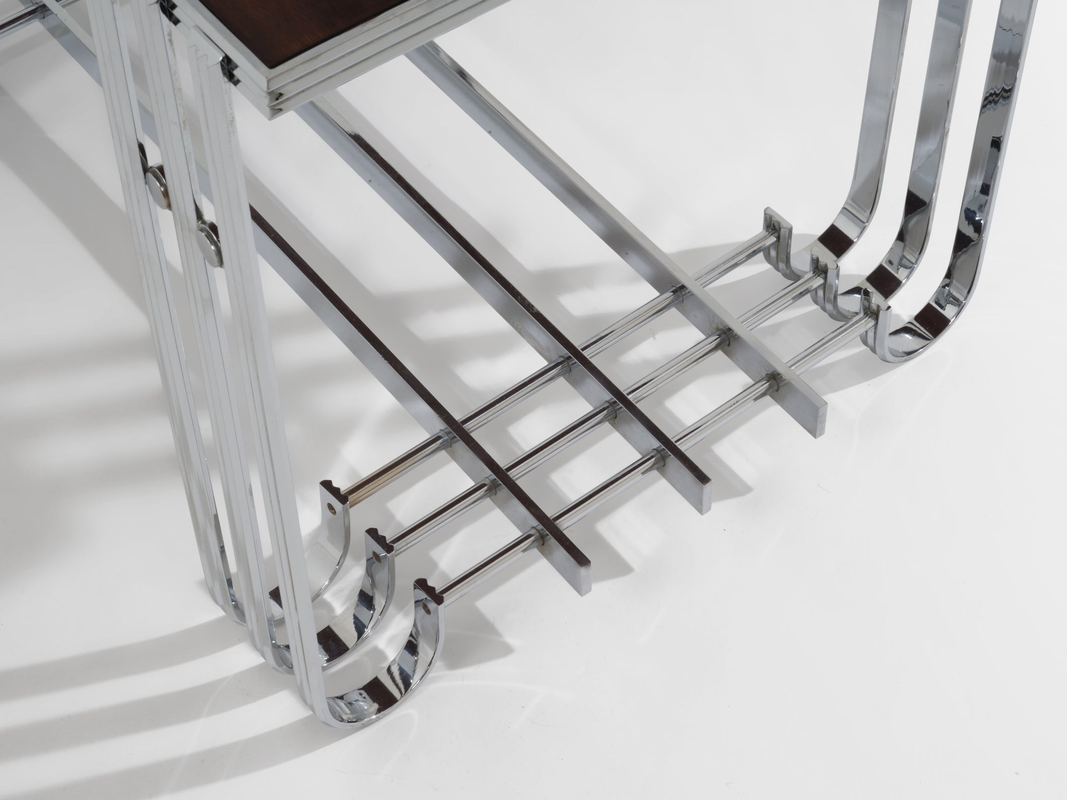 French modernist walnut boat bar table nickel-plated 1930s