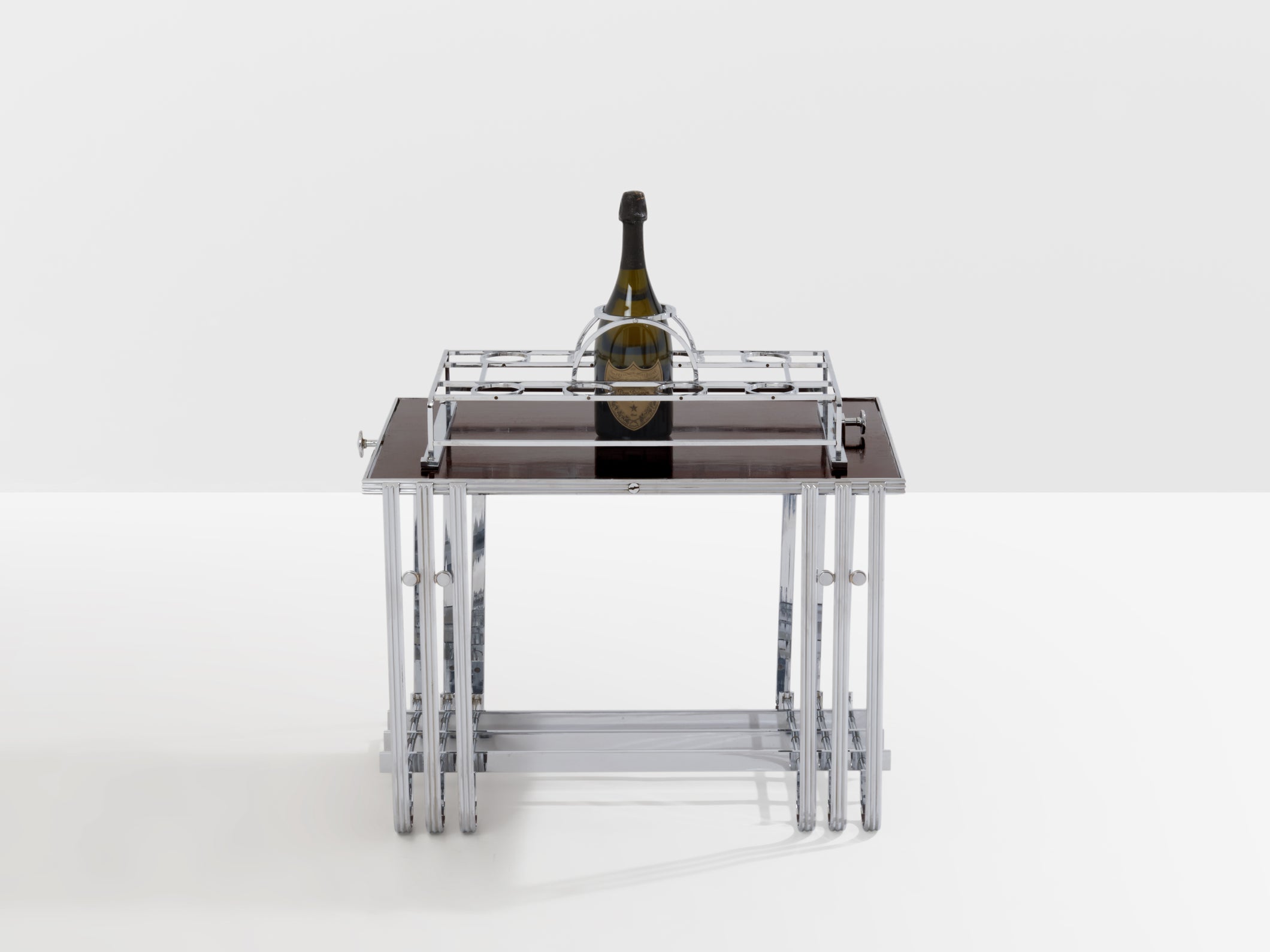 French modernist walnut boat bar table nickel-plated 1930s