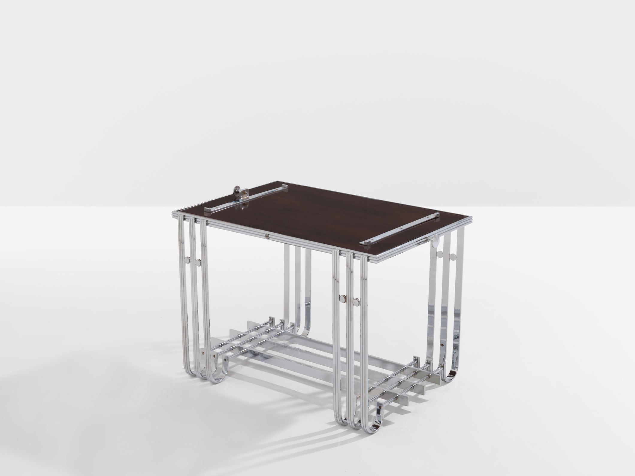 French modernist walnut boat bar table nickel-plated 1930s