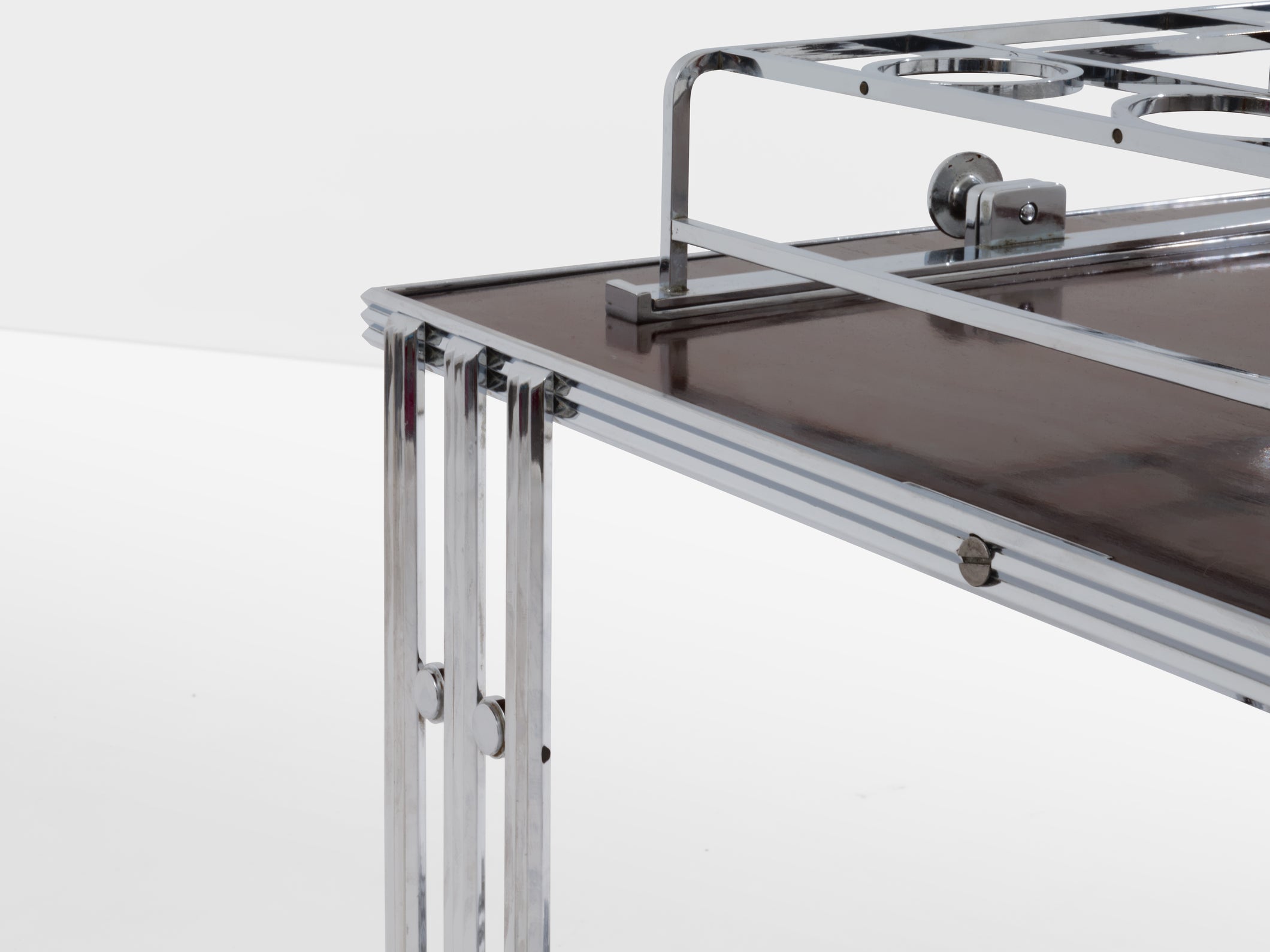 French modernist walnut boat bar table nickel-plated 1930s