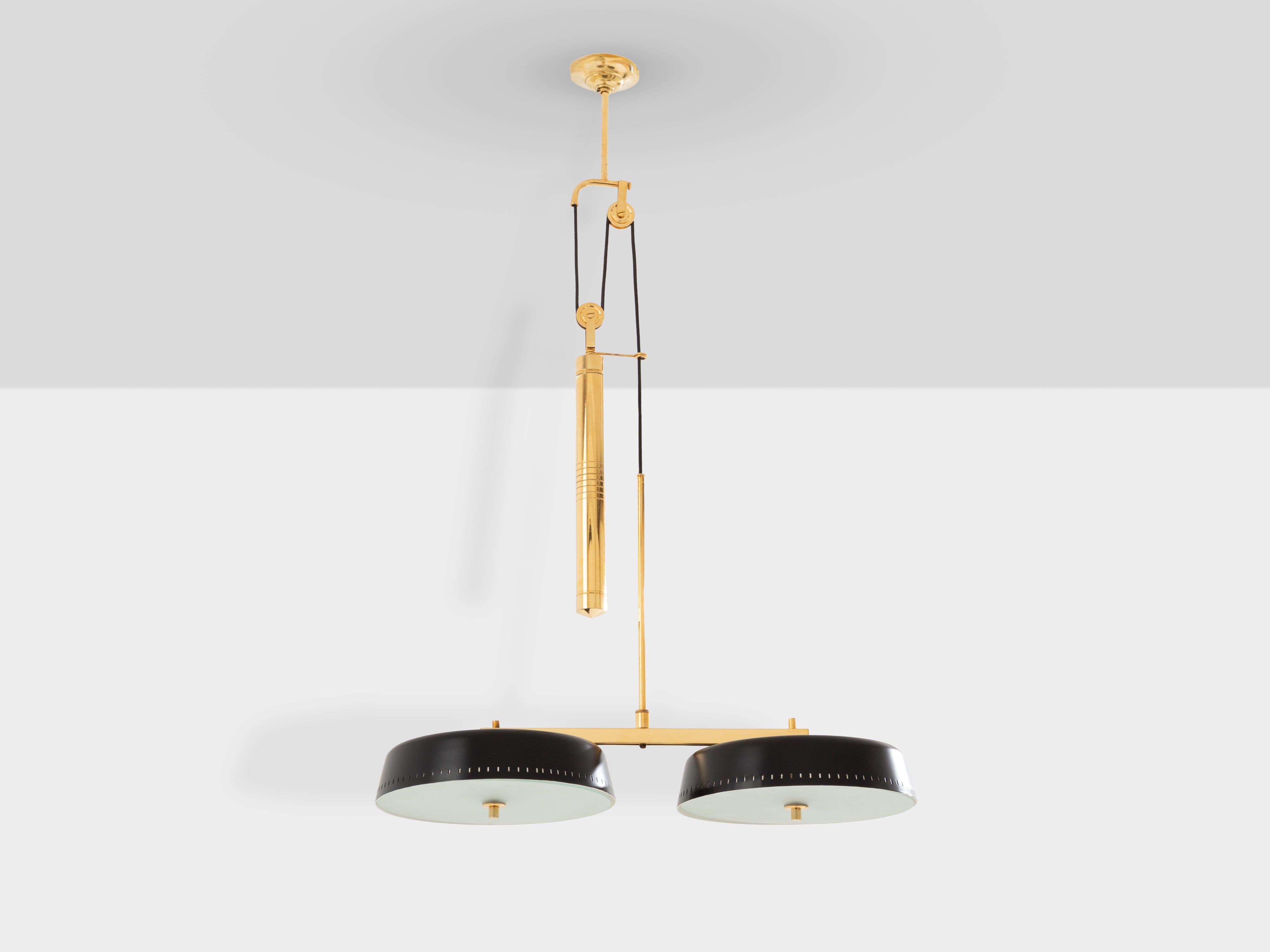 Gaetano Sciolari for Stilnovo painted metal brass pulley chandelier 1950