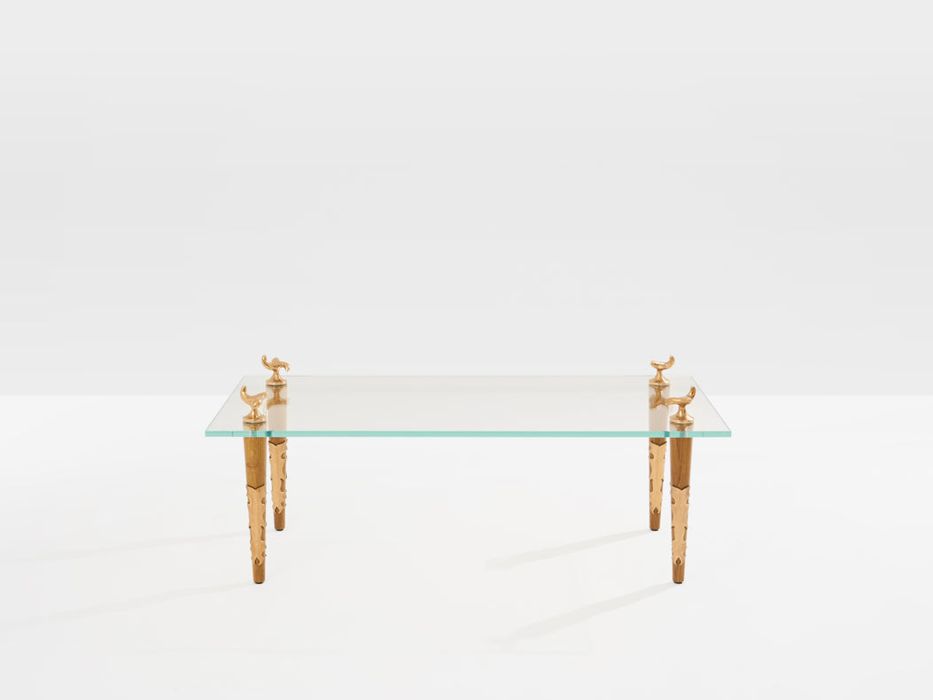 Garouste & Bonetti solid oak and bronze glass coffee table 1995