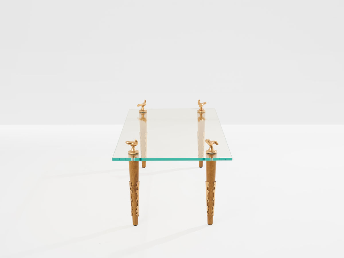 Garouste & Bonetti solid oak and bronze glass coffee table 1995