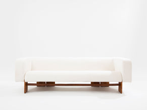 Italian brutalist sofa solid walnut and white chenille velvet 1960s
