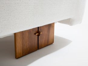 Italian brutalist sofa solid walnut and white chenille velvet 1960s