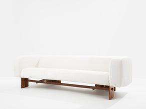 Italian brutalist sofa solid walnut and white chenille velvet 1960s