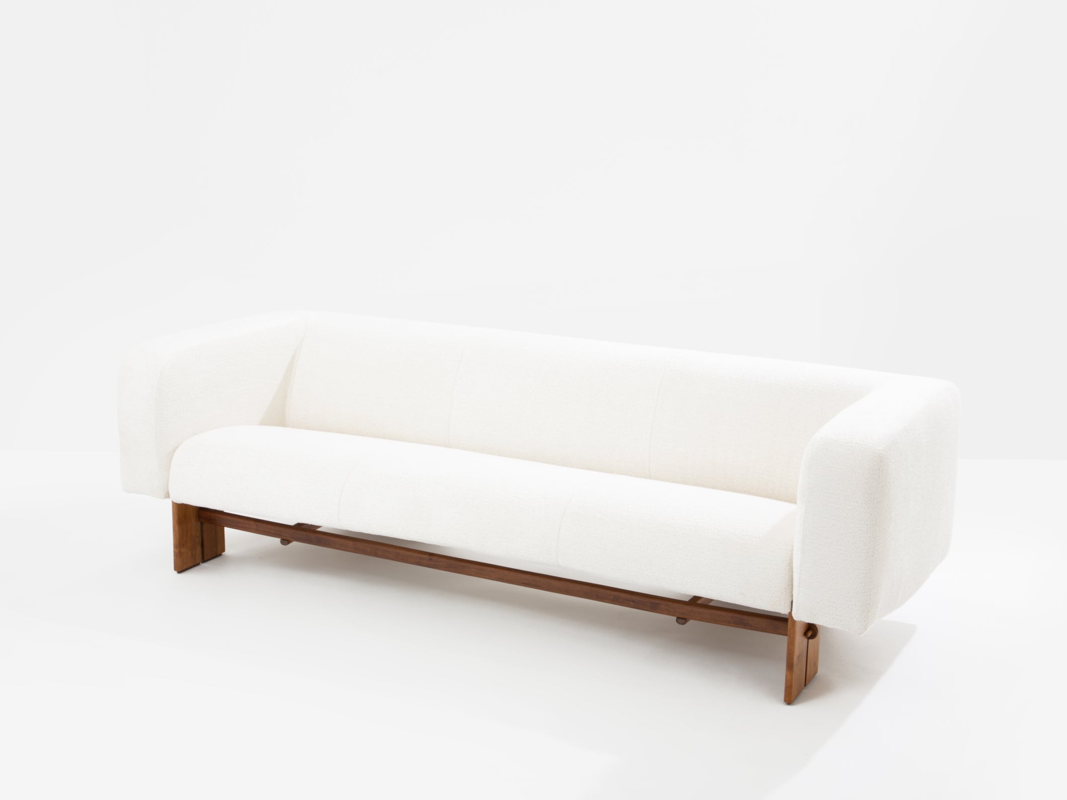 Italian brutalist sofa solid walnut and white chenille velvet 1960s