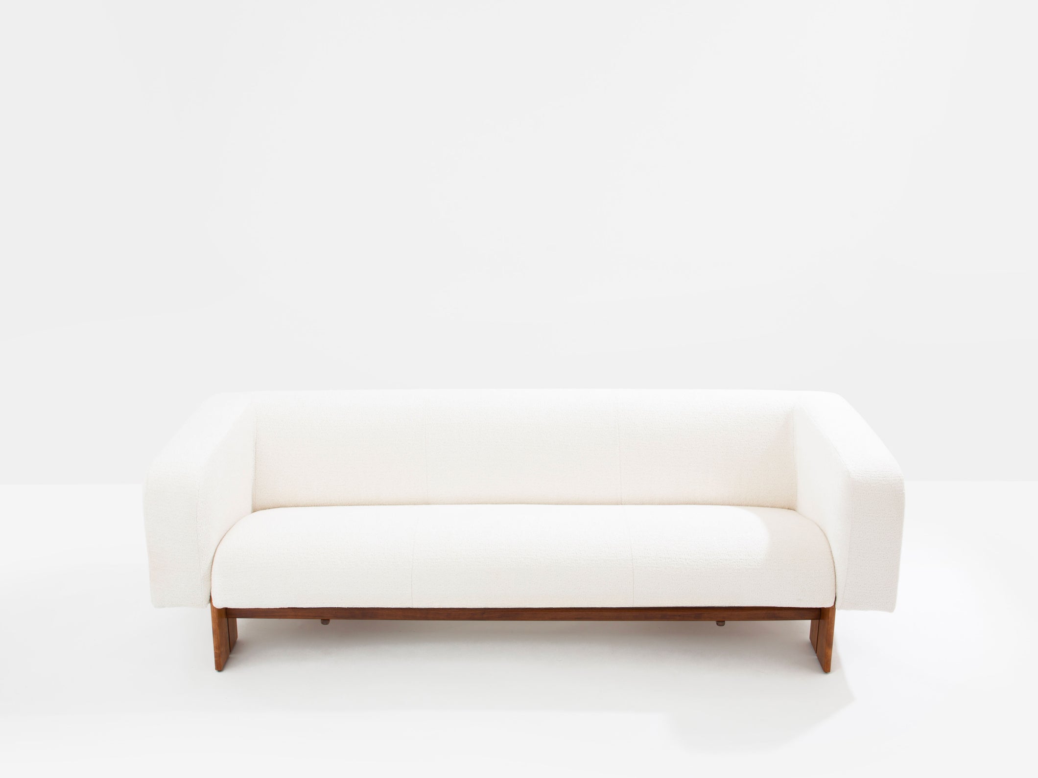 Italian brutalist sofa solid walnut and white chenille velvet 1960s