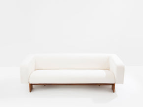 Italian brutalist sofa solid walnut and white chenille velvet 1960s