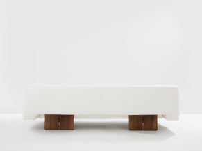 Italian brutalist sofa solid walnut and white chenille velvet 1960s