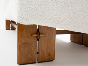 Italian brutalist sofa solid walnut and white chenille velvet 1960s