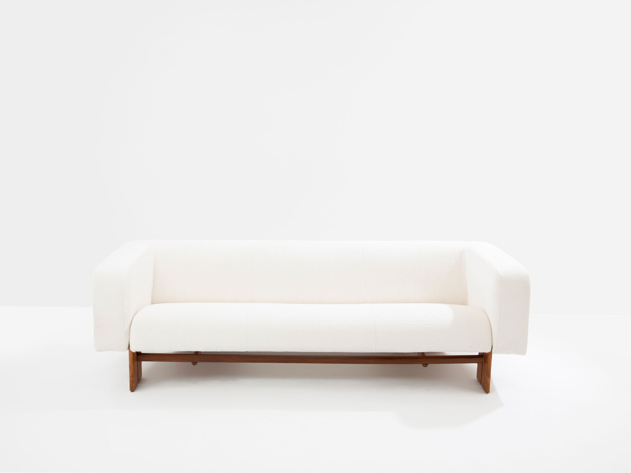 Italian brutalist sofa solid walnut and white chenille velvet 1960s